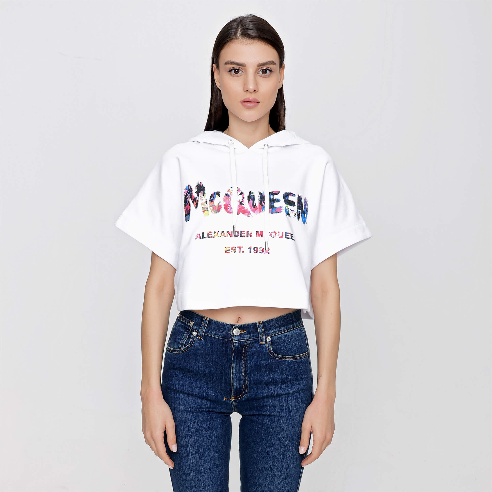 Alexander McQueen - White Cotton Logo Print Hooded Cropped Sweatshirt